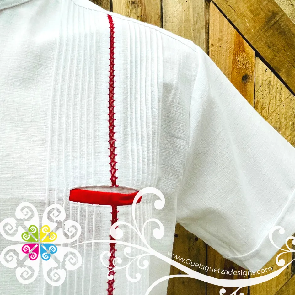 White with Red Lines Picuela Guayabera - Short Sleeve Linen Guayabera