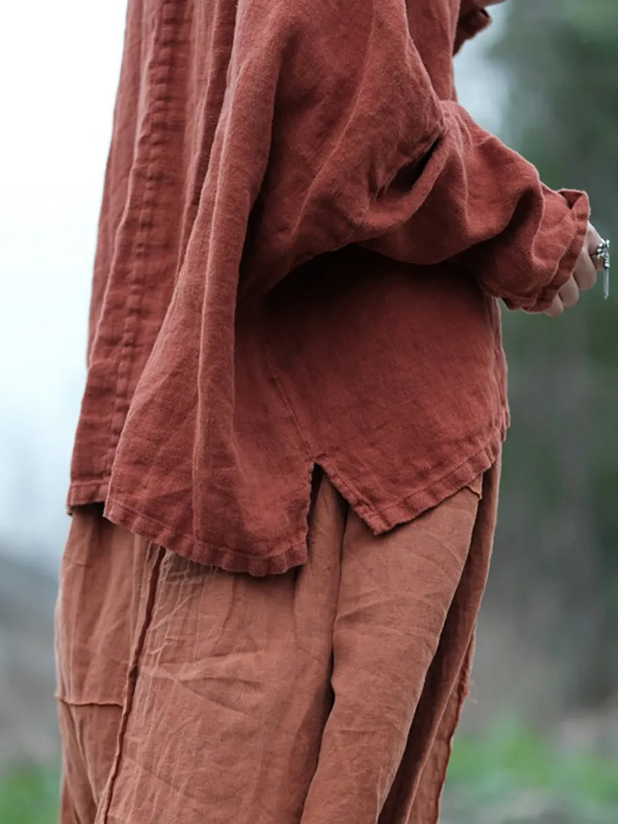 Women Chinese Ethnic Spliced Embroidery 100%Linen Shirt
