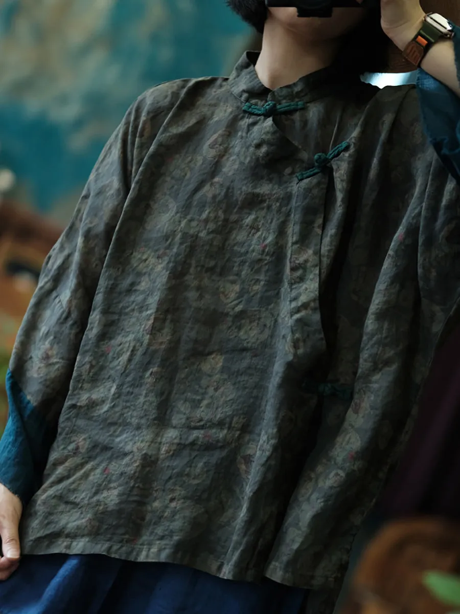 Women Spring Ethnic Stand Collar Flower Linen Shirt