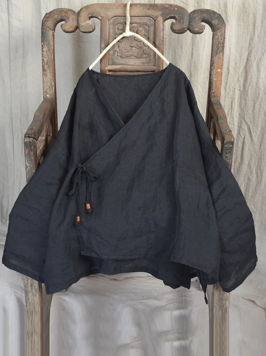Women Vintage Autumn V-Neck Strap Loose Linen Blouse