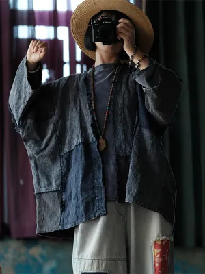 Women Vintage Spliced Raw-edge Linen Shirt Coat