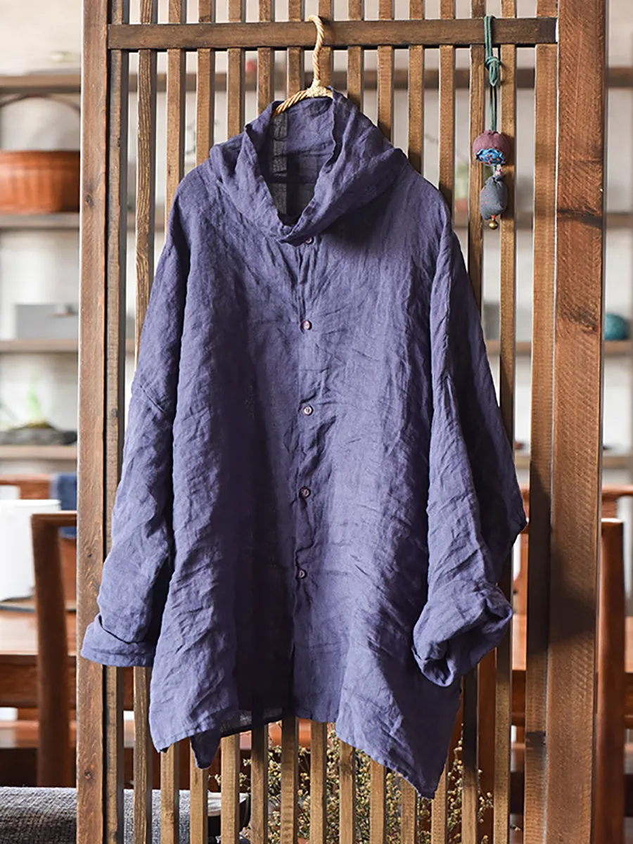 Women Vintage Spring Pure Color Turtleneck Linen Shirt