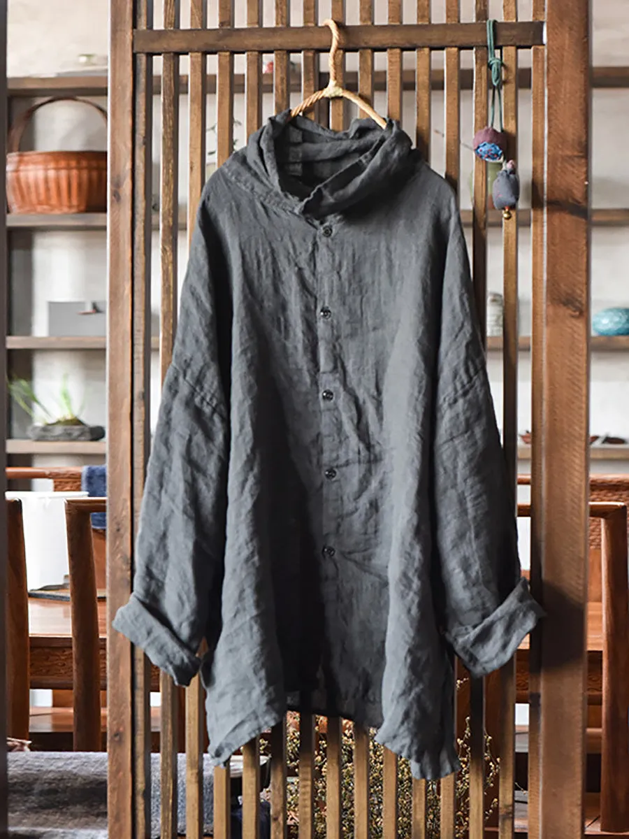 Women Vintage Spring Pure Color Turtleneck Linen Shirt