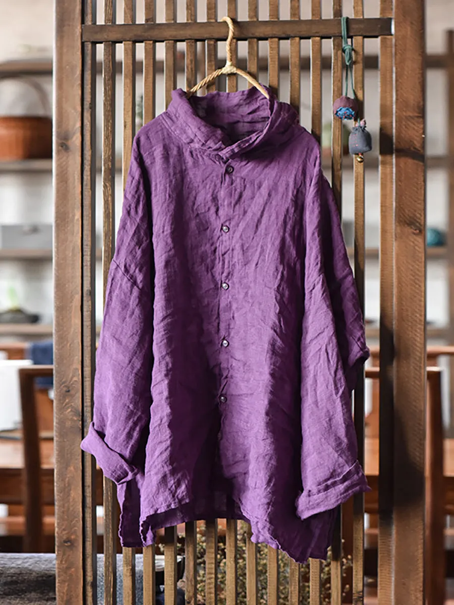 Women Vintage Spring Pure Color Turtleneck Linen Shirt