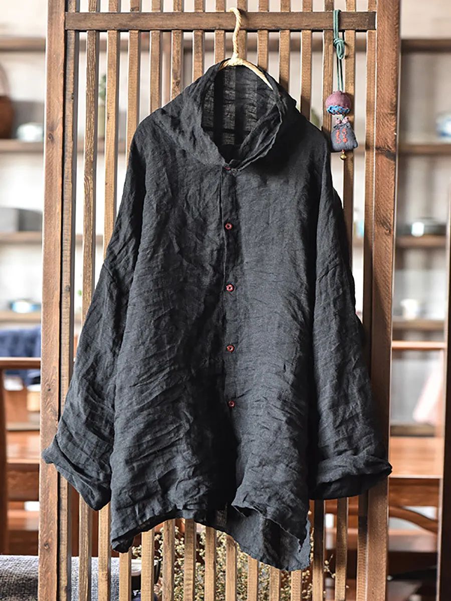 Women Vintage Spring Pure Color Turtleneck Linen Shirt