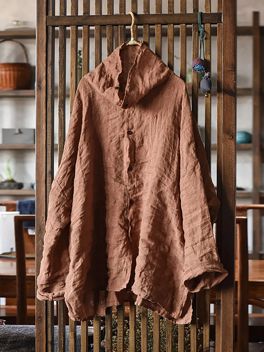Women Vintage Spring Pure Color Turtleneck Linen Shirt