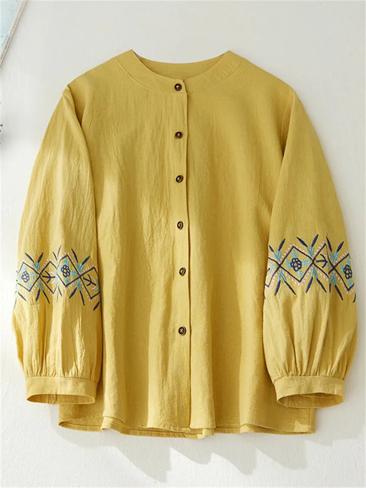 Women's Ethnic Embroideried Lantern Sleeve Stand Collor Button Linen Shirt