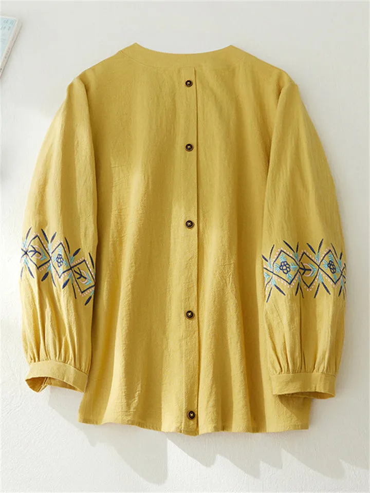 Women's Ethnic Embroideried Lantern Sleeve Stand Collor Button Linen Shirt