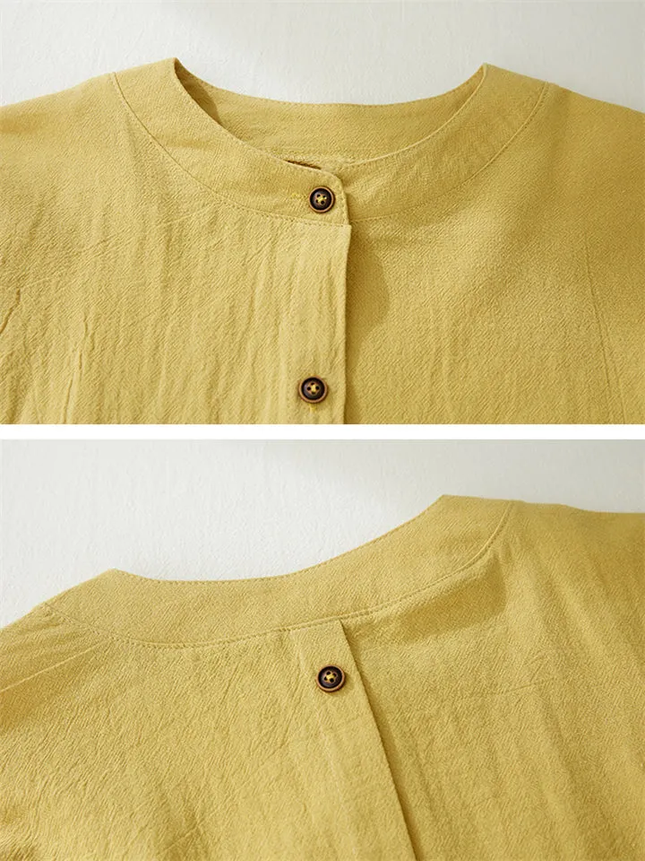 Women's Ethnic Embroideried Lantern Sleeve Stand Collor Button Linen Shirt