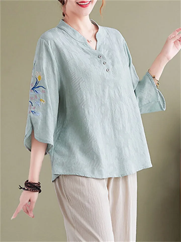 Women's Leisure Flower Embroidery Half Sleeve Loose Shirt