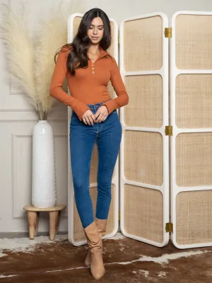 WOMEN'S LONG SLEEVE V-NECK COLLAR BODYSUIT