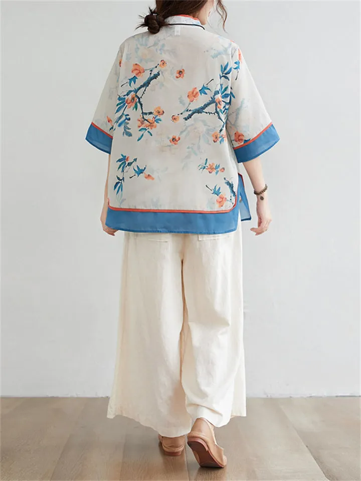 Women's Stand-up Collar Floral Print Sweet Retro Shirts