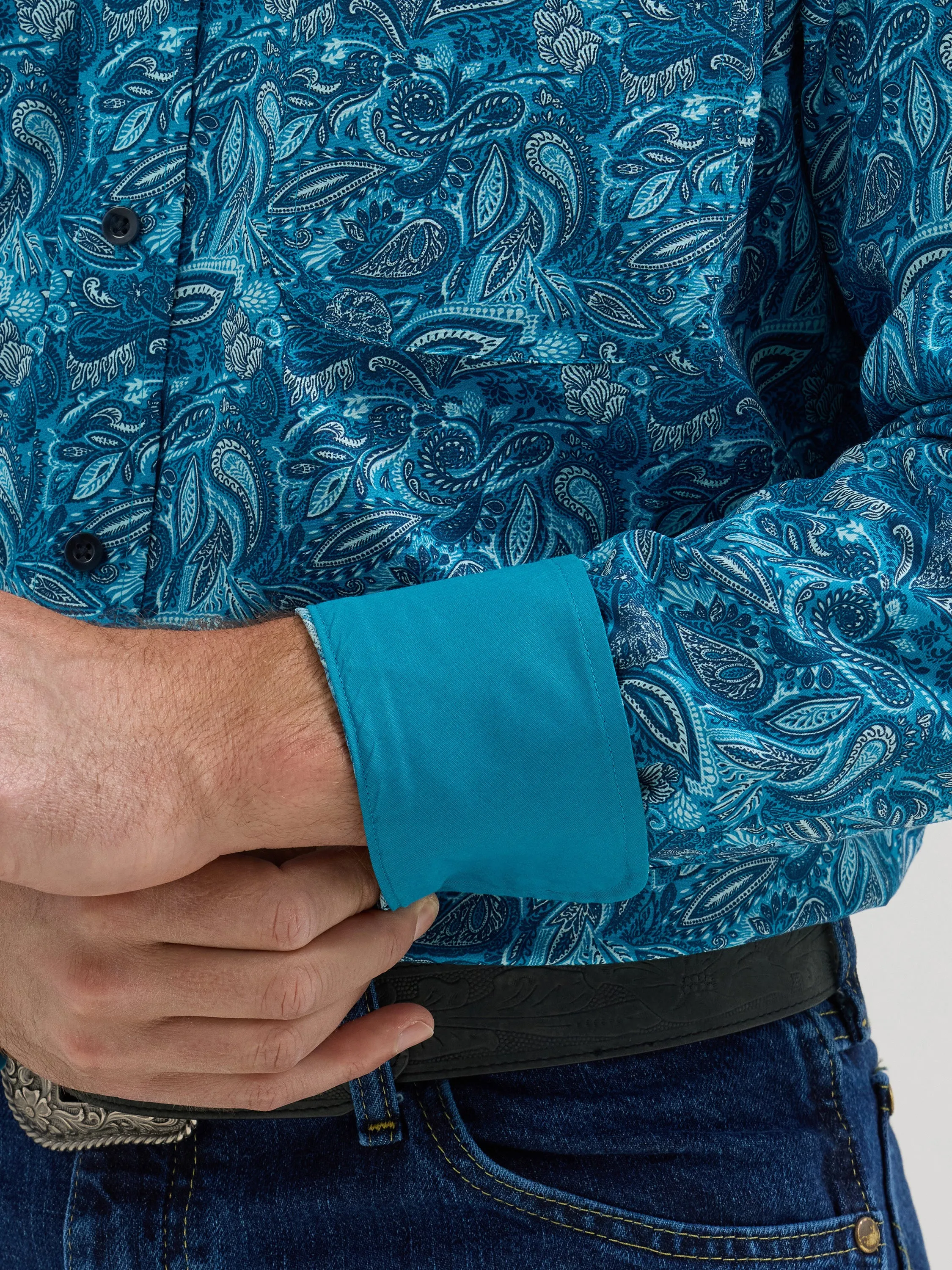 Wrangler Men's George Strait Collection Long Sleeve Blue Teal Paisley Shirt