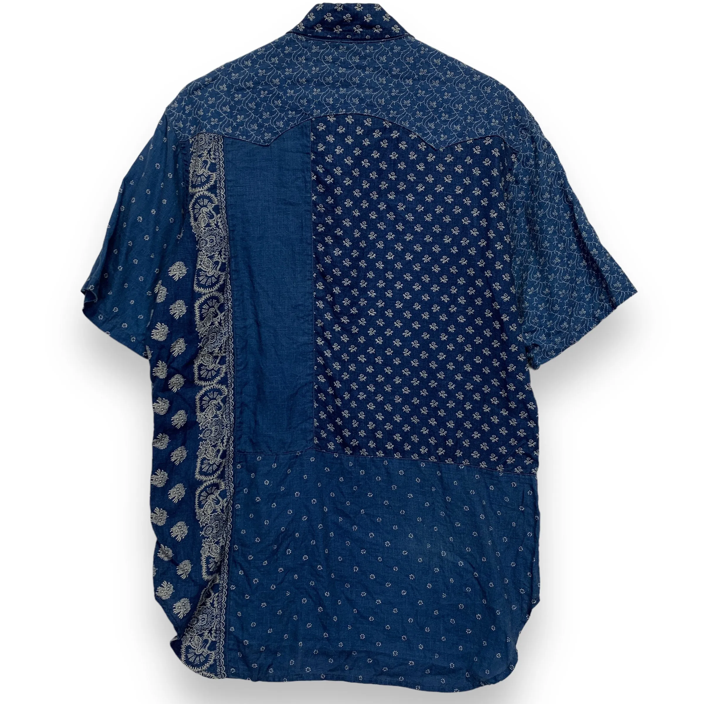 [XL] Kapital Indigo Dye Pattern Patchwork Linen S/S Shirt