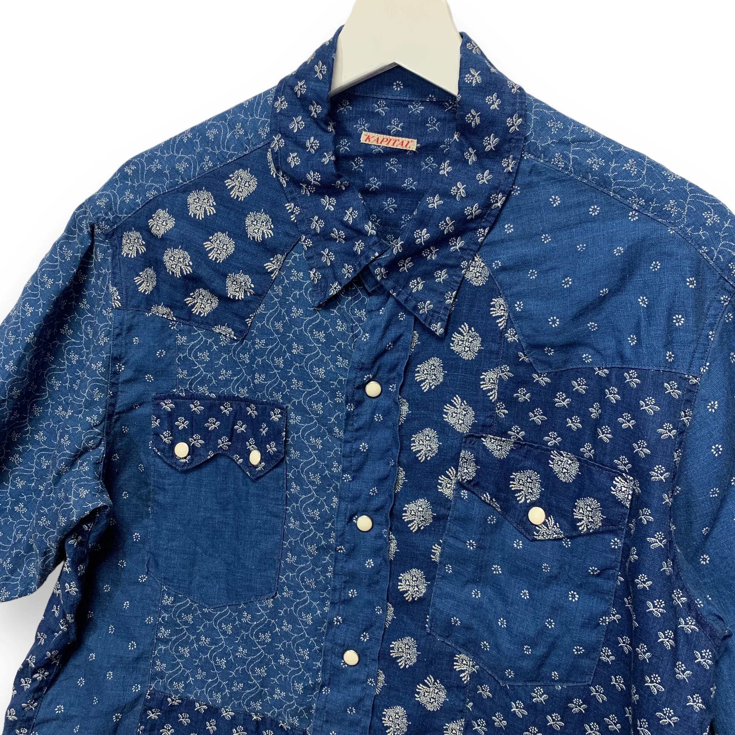 [XL] Kapital Indigo Dye Pattern Patchwork Linen S/S Shirt