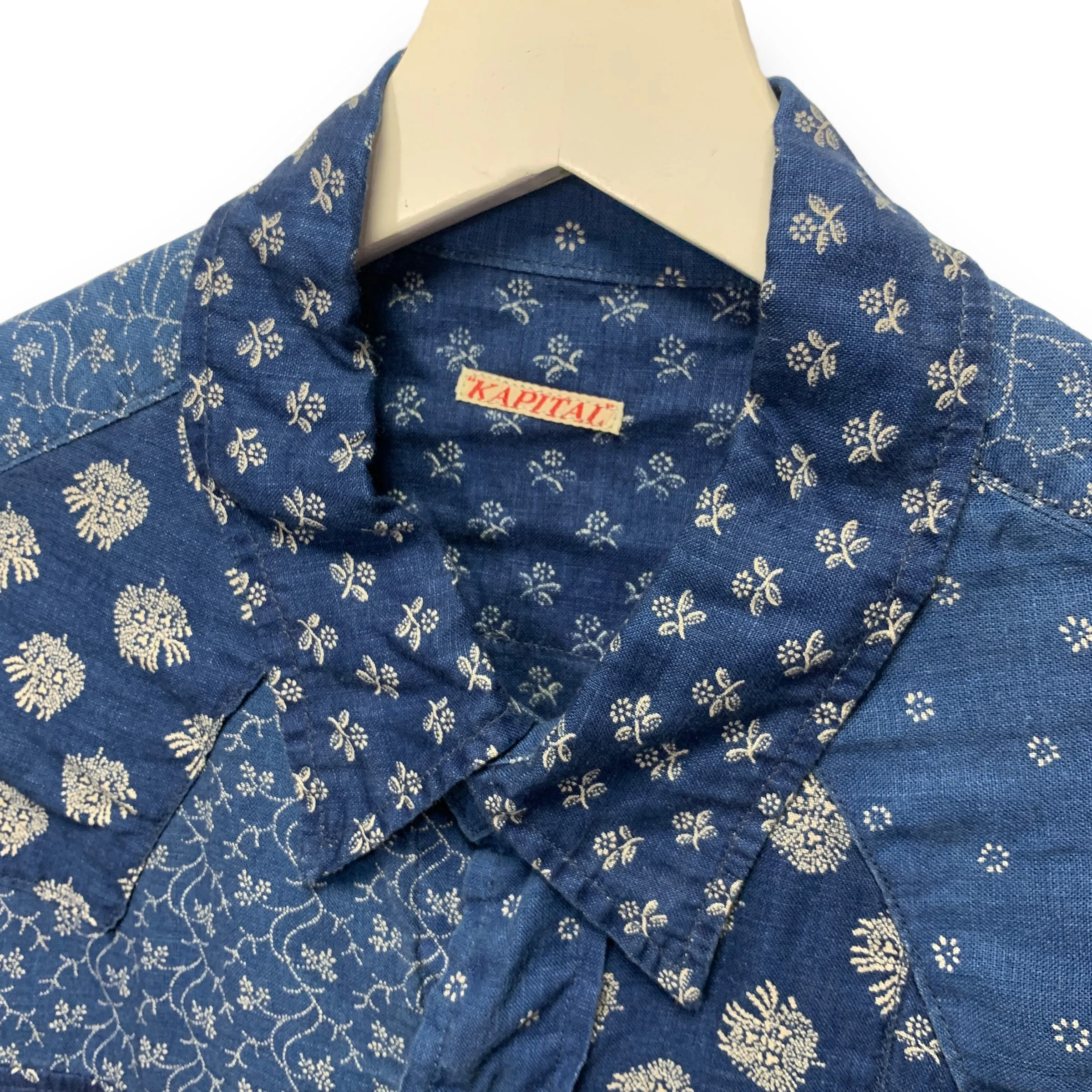 [XL] Kapital Indigo Dye Pattern Patchwork Linen S/S Shirt