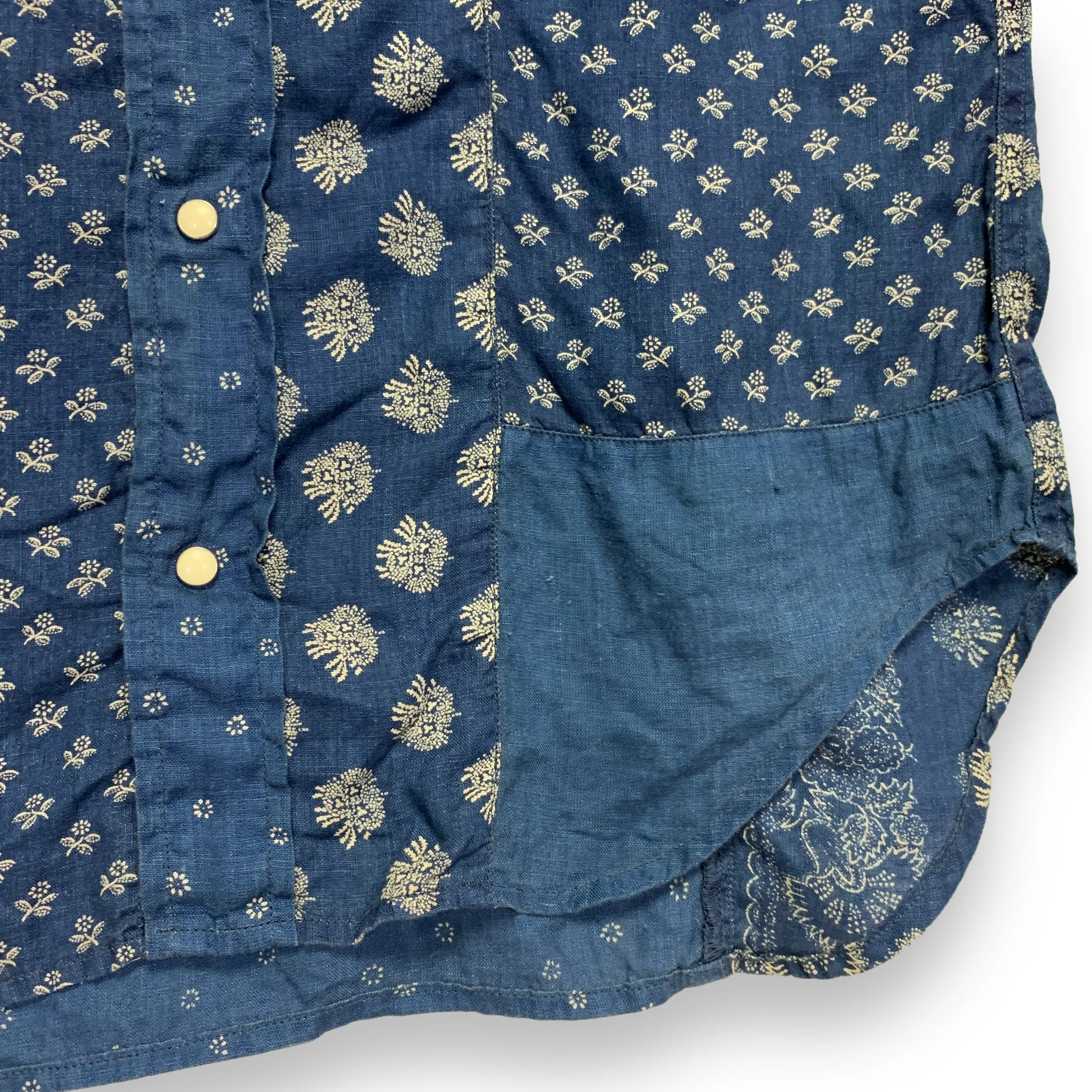 [XL] Kapital Indigo Dye Pattern Patchwork Linen S/S Shirt