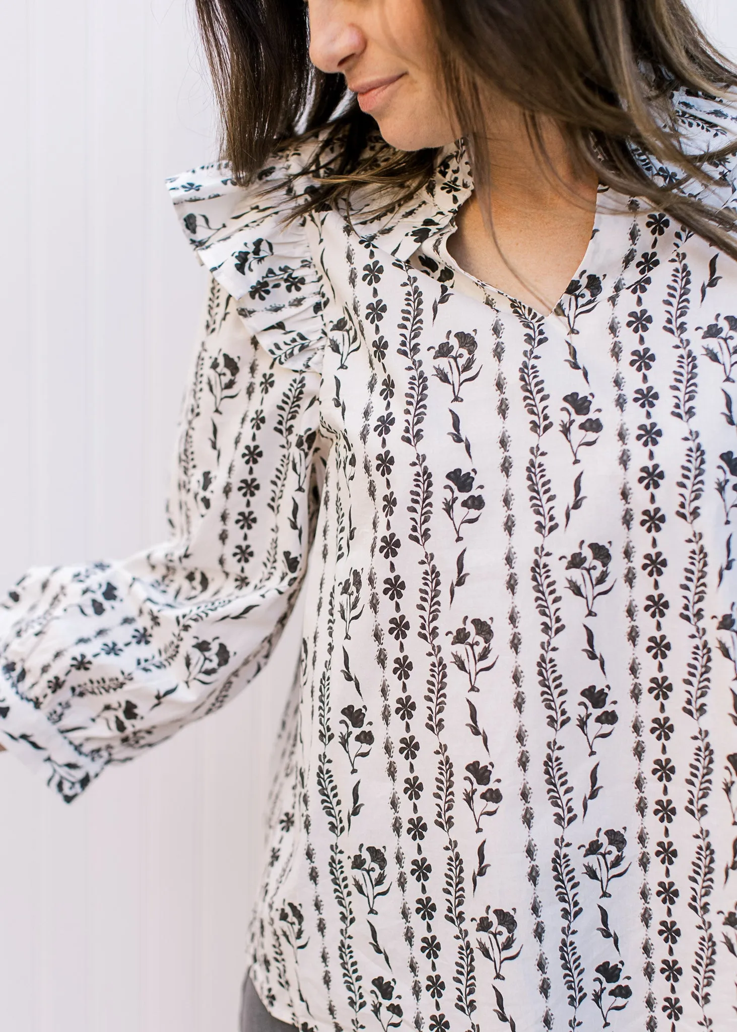 XZ Ivory and Black Graphic Floral Top