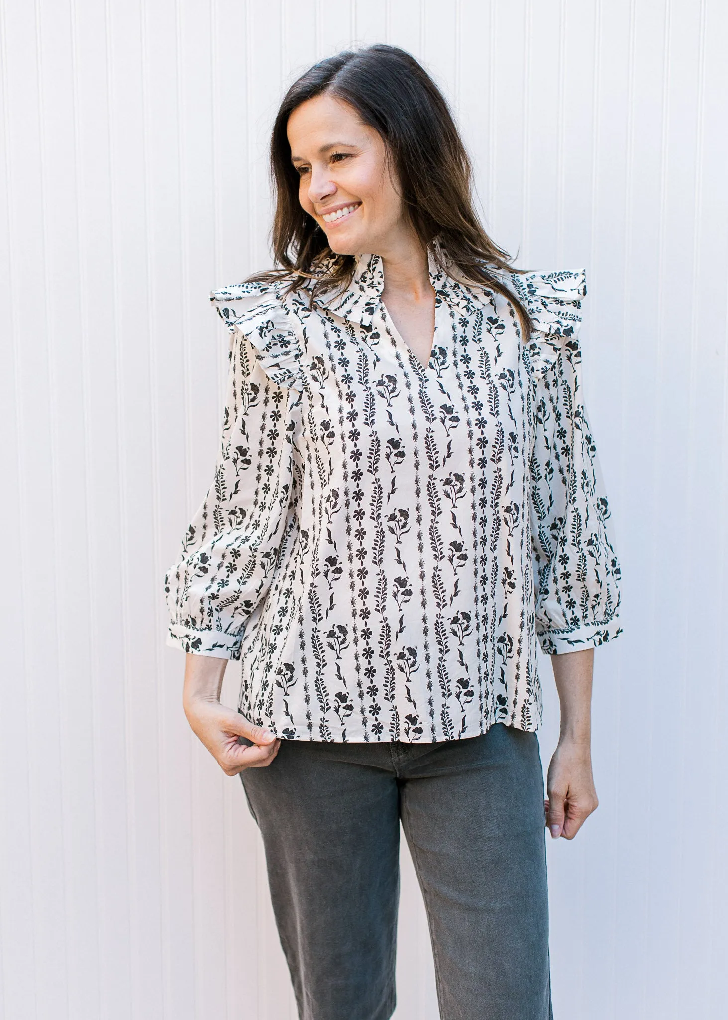 XZ Ivory and Black Graphic Floral Top